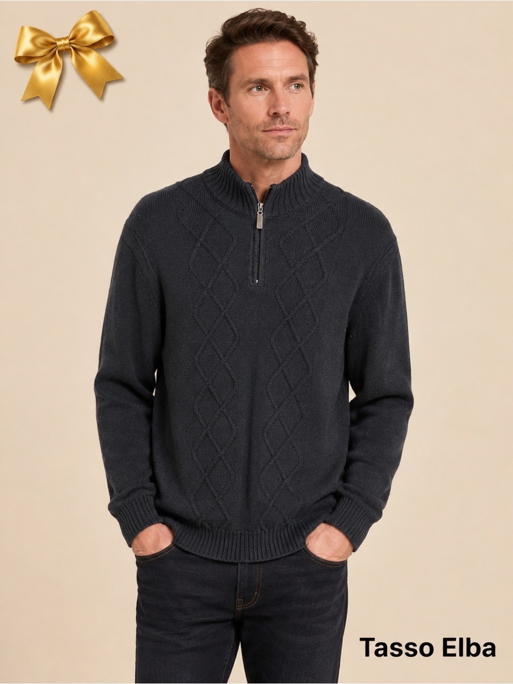 Tasso Elba Quarter Zip Sweater Black Cabled 100% Cotton Medium